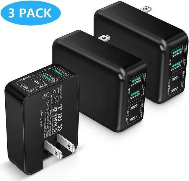 Main image of WISDUM Flat USB C Wall Charger [3 Pack], Slim Fast Charging Block, 40W 4-Port USB C Charger Block Type C Power Adapter with Foldable Plug Compatible for i-Phone Android Cellphones Tablet PC.. (Black)