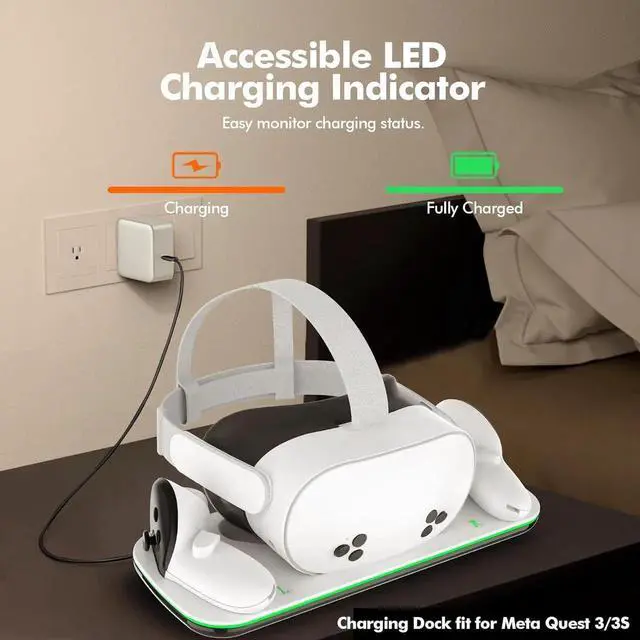 Alt view image 5 of 7 - WISDUM Charging Dock Compatible with Me-ta Quest 3/3S, VR Accessories Charging Station for Me-ta O-cu-lus Quest 3/3S with LED Indicator, Charger Stand with Rechargeable Batteries, with Green Light