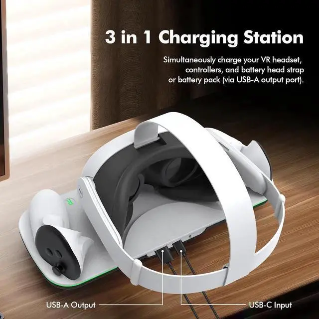 Alt view image 4 of 7 - WISDUM Charging Dock Compatible with Me-ta Quest 3/3S, VR Accessories Charging Station for Me-ta O-cu-lus Quest 3/3S with LED Indicator, Charger Stand with Rechargeable Batteries, with Green Light