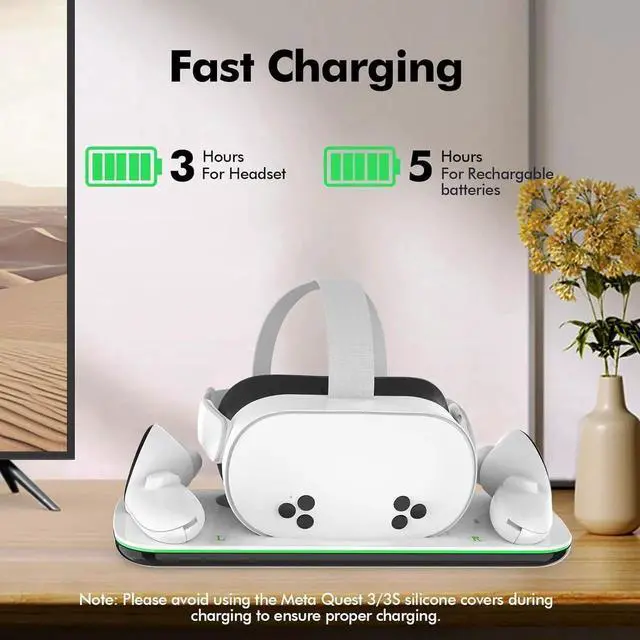 Alt view image 2 of 7 - WISDUM Charging Dock Compatible with Me-ta Quest 3/3S, VR Accessories Charging Station for Me-ta O-cu-lus Quest 3/3S with LED Indicator, Charger Stand with Rechargeable Batteries, with Green Light