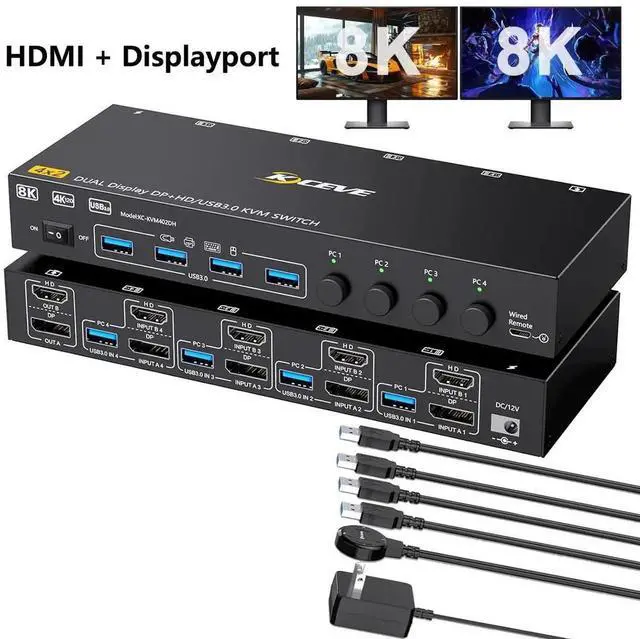 Main image of HDMI + Displayport KVM Switch 4 Computers 2 Monitors, 8K@60Hz 4K@144Hz, USB 3.0 Dual Monitor KVM Switches for 4 PC Share 2 Monitors and Keyboard, Mouse and Printer, with Wired Remote