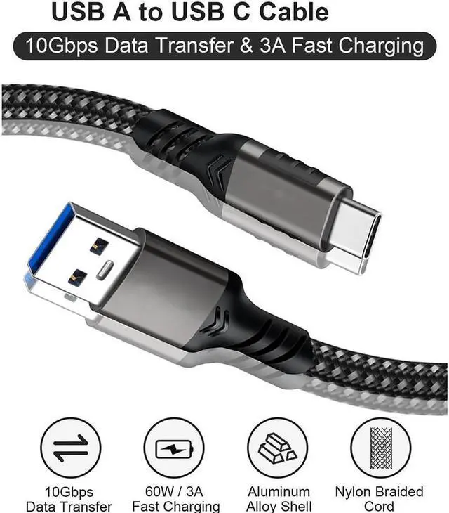 Alt view image 2 of 7 - USB A to USB C 3.1/3.2 Cable, [2-Pack 3.3ft/1M], 10Gbps Data Transfer and 60W 3A Fast Charging Cord, Nylon Braided USB 3.2 to USB C Cable for S-a-m-s-u-n-g Galaxy S22 S21 S20 and Other Type-C Devices