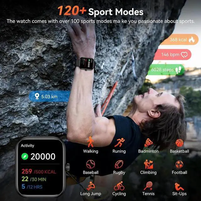 Alt view image 3 of 7 - WISDUM Smart Watch with Alexa Built-in, 1.83'' Touchscreen with Call Function, IP68 Waterproof Fitness Tracker, 100+ Sport Modes, Heart Rate & Sleep Monitor, Pedometer, iOS/Android Compatibled