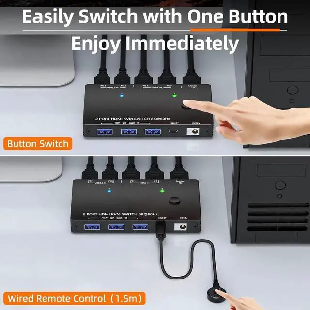 Alt view image 5 of 7 - 2 Port HDMI KVM Switch 8K@60Hz 4K@120Hz, USB 3.0 HDMI 2.1 KVM Switch for 2 Computers Share 1 Monitor and 3 USB Devices, HDCP 2.3,HDR 10, with Wired Remote,12V Power Adapter and 2 USB 3.0 Cables