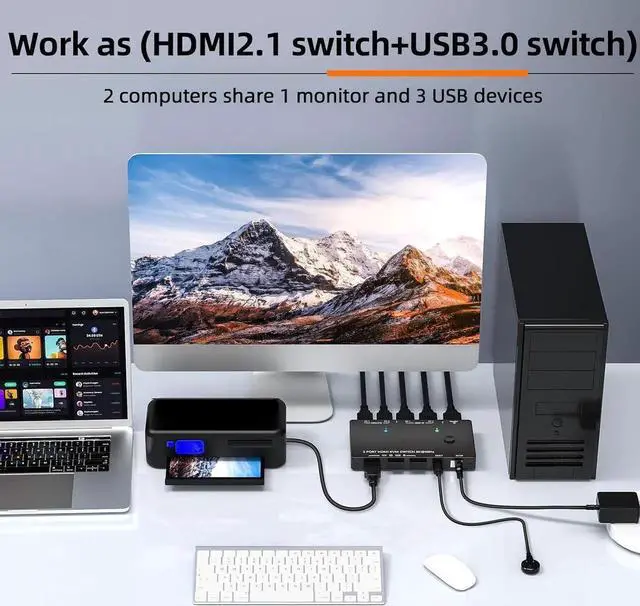 Alt view image 2 of 7 - 2 Port HDMI KVM Switch 8K@60Hz 4K@120Hz, USB 3.0 HDMI 2.1 KVM Switch for 2 Computers Share 1 Monitor and 3 USB Devices, HDCP 2.3,HDR 10, with Wired Remote,12V Power Adapter and 2 USB 3.0 Cables