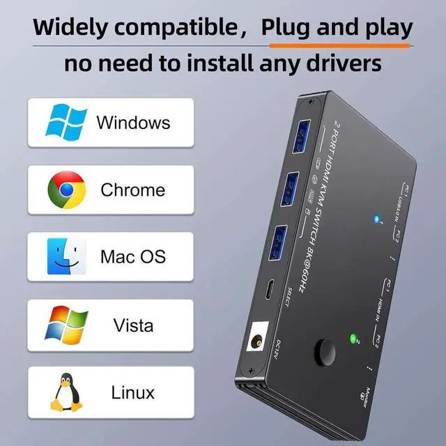 Alt view image 7 of 7 - 2 Port HDMI KVM Switch 8K@60Hz 4K@120Hz, USB 3.0 HDMI 2.1 KVM Switch for 2 Computers Share 1 Monitor and 3 USB Devices, HDCP 2.3,HDR 10, with Wired Remote,12V Power Adapter and 2 USB 3.0 Cables