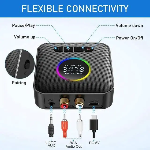 Alt view image 6 of 7 - WISDUM Bluetooth 5.4 Receiver for HiFi, 5.4 Bluetooth Audio Adapter for Streaming Music with USB, RCA, 3.5 mm AUX, 2-in-1 Bluetooth 5.4 Transmitter and Receiver for Home Stereo/Speaker/Car/TV/Tablet