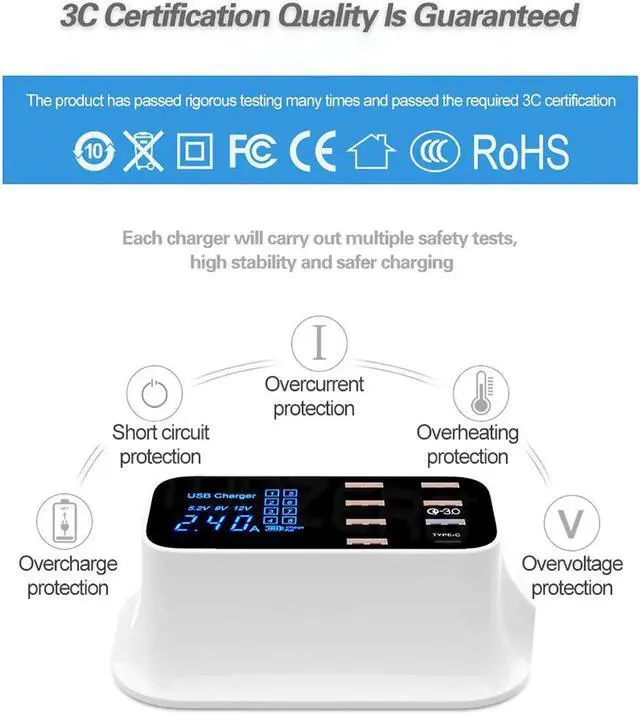 Alt view image 5 of 7 - WISDUM Multi USB 8-Port Smart Fast Desktop Hub Wall Charger Charging Station Quick Charge 3.0 USB Type C Port With LED Display Compatible with IOS Android Smart Phones, Tablet, Nintendo Switch Games