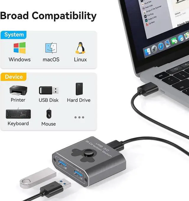 Alt view image 6 of 7 - WISDUM 2 Port USB 3.0 Switch Bi-Directional KVM Switch USB Switcher 2 in 1 Out / 1 in 2 Out 5Gbps High-Speed USB Switch 2 Computers Share 1 USB Devices for PCs Mouse Keyboard Printer Scanner