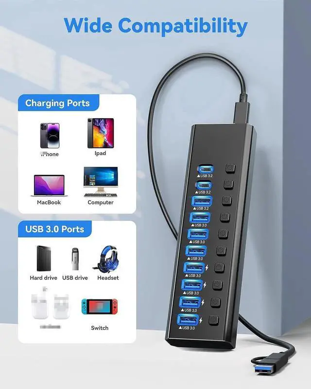 Alt view image 7 of 7 - WISDUM Powered USB Hub 3.2, 10-Port USB 3.2/USB C Hub (10Gbps USB-A 3.2 + 2x USB-C 3.2 + 7x USB 3.0 Ports) with Individual On/Off Switches and 12V Power Adapter, Aluminum USB Hub Powered for Laptop PC