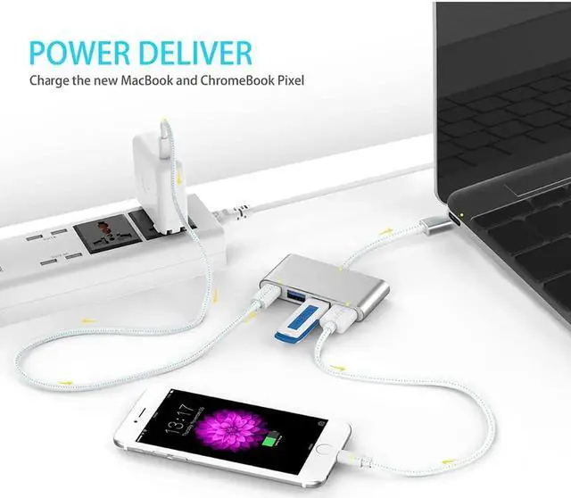 Alt view image 3 of 7 - WISDUM 4-in-1 USB-C Hub With USB C Power Delivery, USB3.0 USB2.0 Ports compatible with MacBook Air, MacBook pro 13&15, ChromeBook Pixel, XPS and More, Multiport Charging & Connecting Adapter