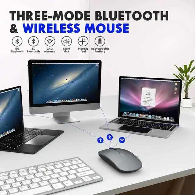 Alt view image 2 of 7 - WISDUM Bluetooth Mouse, Three-mode Slim Silent Rechargeable Bluetooth Wireless Mouse (Bluetooth 5.0/3.0+ 2.4G), 1600DPI Portable Mouse for Laptop PC Computer, Android,Windows MacBook
