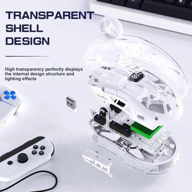 Alt view image 4 of 7 - WISDUM Transparent Wireless Gaming Mouse, Dual Mode BT 5.0/2.4G PC Gaming Mice, PixArt 3212 5 Adjustable DPI, Rechargeable Silent Mouse with Digital Screen, RGB Backlight Mouse for Win/Mac(White)