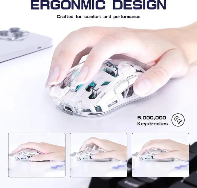 Alt view image 7 of 7 - WISDUM Transparent Wireless Gaming Mouse, Dual Mode BT 5.0/2.4G PC Gaming Mice, PixArt 3212 5 Adjustable DPI, Rechargeable Silent Mouse with Digital Screen, RGB Backlight Mouse for Win/Mac(White)