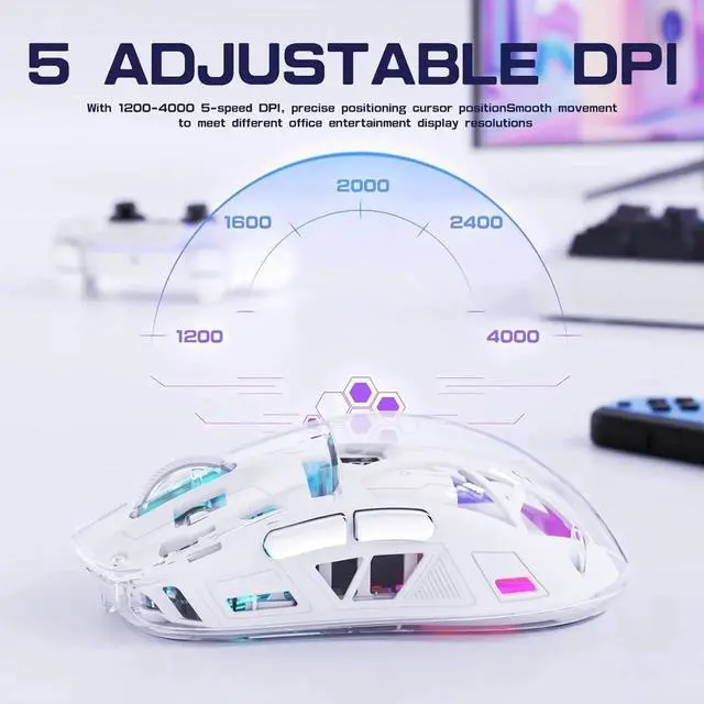 Alt view image 6 of 7 - WISDUM Transparent Wireless Gaming Mouse, Dual Mode BT 5.0/2.4G PC Gaming Mice, PixArt 3212 5 Adjustable DPI, Rechargeable Silent Mouse with Digital Screen, RGB Backlight Mouse for Win/Mac(White)