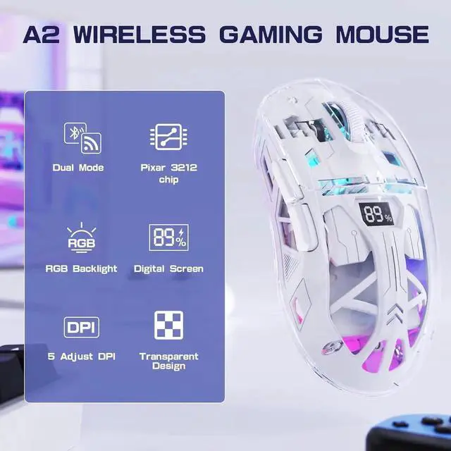 Alt view image 2 of 7 - WISDUM Transparent Wireless Gaming Mouse, Dual Mode BT 5.0/2.4G PC Gaming Mice, PixArt 3212 5 Adjustable DPI, Rechargeable Silent Mouse with Digital Screen, RGB Backlight Mouse for Win/Mac(White)