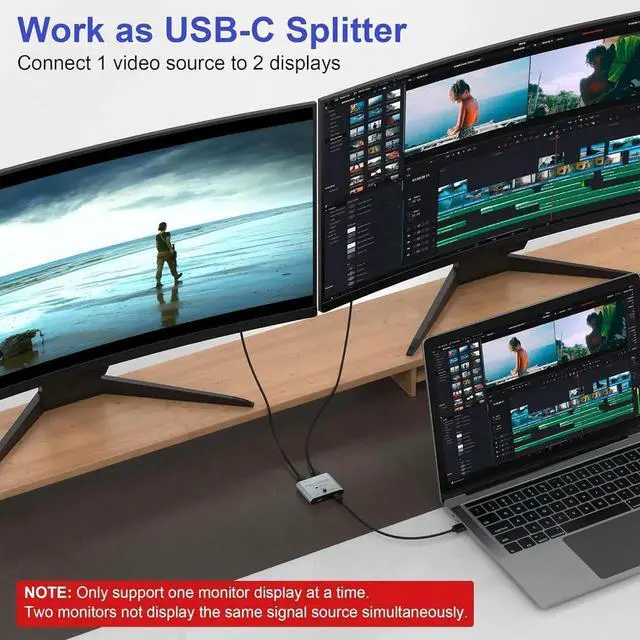 Alt view image 4 of 7 - WISDUM 8K USB C Switch, USB C Switcher for 2 Computers - Bi Directional USB C KVM Switch Splitter, Type C Switch for 8K@60Hz/4K@144Hz Video Transfer + 100W Charging+10Gbps Data, with Power Cable