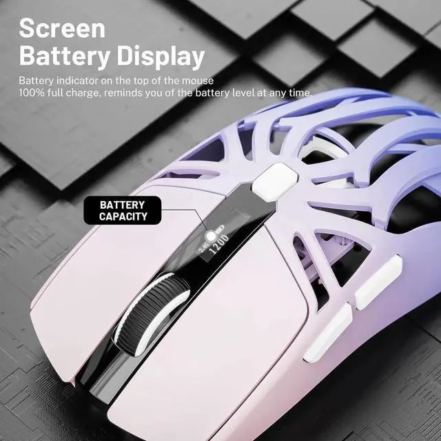 Alt view image 6 of 7 - WISDUM Wireless Gaming Mouse, 10000 DPI, Tri-Mode 2.4GHz/Bluetooth/Wired Mouse, 6 Buttons, Digital Display, Silent Mice, Rechargeable, Customizable Macro and RGB Backlight for PC/Mac/Laptop (Purple)