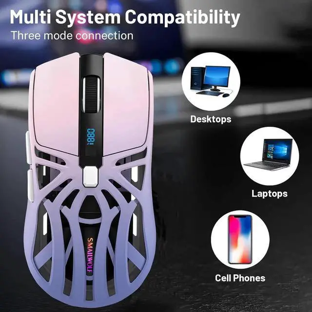 Alt view image 4 of 7 - WISDUM Wireless Gaming Mouse, 10000 DPI, Tri-Mode 2.4GHz/Bluetooth/Wired Mouse, 6 Buttons, Digital Display, Silent Mice, Rechargeable, Customizable Macro and RGB Backlight for PC/Mac/Laptop (Purple)