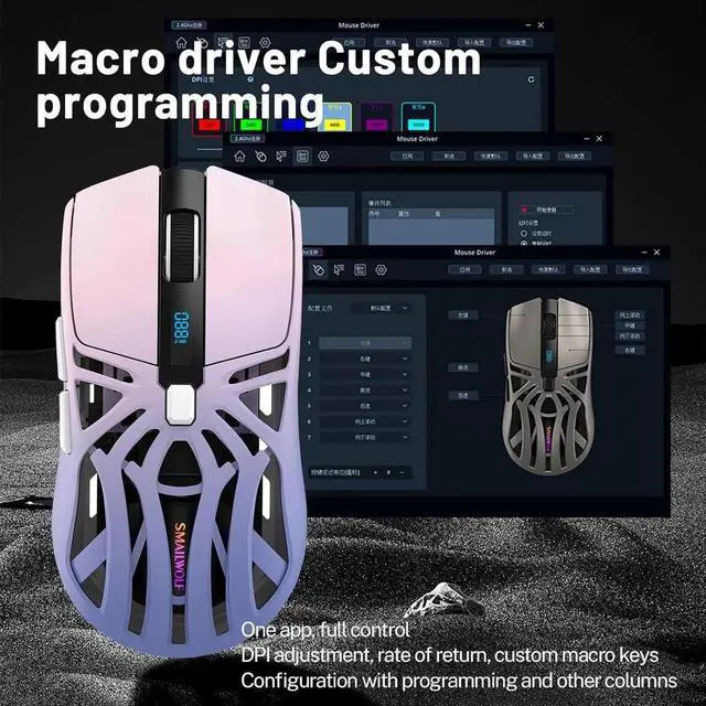 Alt view image 5 of 7 - WISDUM Wireless Gaming Mouse, 10000 DPI, Tri-Mode 2.4GHz/Bluetooth/Wired Mouse, 6 Buttons, Digital Display, Silent Mice, Rechargeable, Customizable Macro and RGB Backlight for PC/Mac/Laptop (Purple)