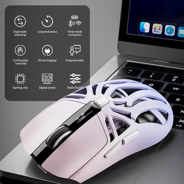 Alt view image 2 of 7 - WISDUM Wireless Gaming Mouse, 10000 DPI, Tri-Mode 2.4GHz/Bluetooth/Wired Mouse, 6 Buttons, Digital Display, Silent Mice, Rechargeable, Customizable Macro and RGB Backlight for PC/Mac/Laptop (Purple)