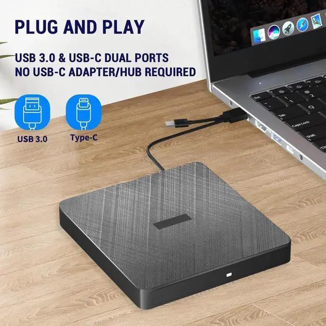 Alt view image 2 of 7 - External CD DVD Drive, Portable DVD Player for Laptop, USB 3.0&Type C External CD/DVD Burner, CD ROM Optical USB DVD Drive External is Suitable for PC, Desktop, Windows 7/8/10/11, Mac OS and Linux