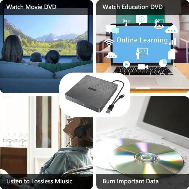 Alt view image 7 of 7 - External CD DVD Drive, Portable DVD Player for Laptop, USB 3.0&Type C External CD/DVD Burner, CD ROM Optical USB DVD Drive External is Suitable for PC, Desktop, Windows 7/8/10/11, Mac OS and Linux