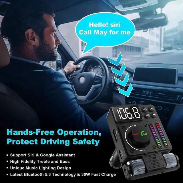 Alt view image 5 of 7 - Bluetooth Car Adapter - Car Bluetooth 5.3 FM Transmitter, PD 30W Type C Fast Charge & USB Port, HiFi Treble & Bass Player, Color Screen & Music Light Bar, Support Hands-Free Siri Goo-gle Assistant