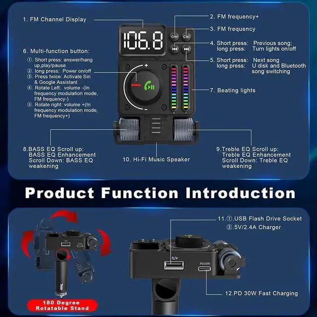 Alt view image 6 of 7 - Bluetooth Car Adapter - Car Bluetooth 5.3 FM Transmitter, PD 30W Type C Fast Charge & USB Port, HiFi Treble & Bass Player, Color Screen & Music Light Bar, Support Hands-Free Siri Goo-gle Assistant