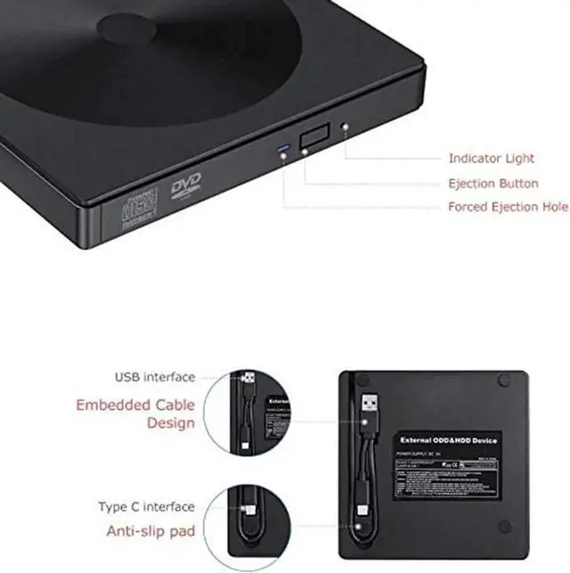 Alt view image 5 of 7 - External CD DVD Drive, Type C USB 3.0 Portable CD/DVD RW Writer Burner, Low Noise High Speed Transfer Drive, Compatible with Laptop, Desktop, Windows XP/2003/Vista/7/8/10, Linux, Mac OS