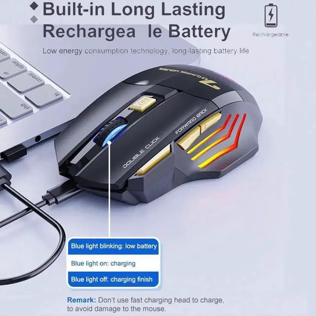 Alt view image 4 of 7 - Wireless Gaming Mouse High precision, Optical Owl-Eye Sensor (1200/2400/3200 DPI), 7-Color LED Rainbow Luminous, 7 programmable Keys, Rechargeable Wireless Bluetooth Mouse, USB