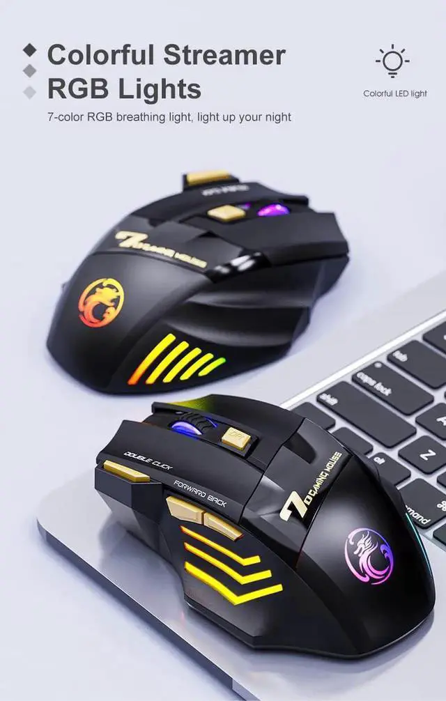 Alt view image 6 of 7 - Dual Mode Wireless Gaming Mouse, Rechargeable USB 2.4G + Bluetooth 5.1 Wireless Mice, with 7-Color Rainbow Luminous, 3 adjustable DPI levels(up to 3200 dpi), Optical Effect Gaming Mice (Classic Black)