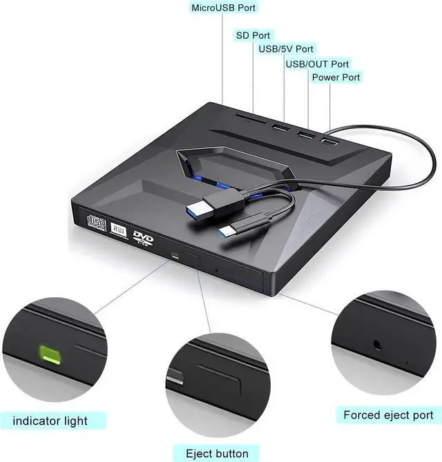 Alt view image 2 of 7 - External DVD CD Drive, USB 3.0 Type C Slim Portable CD/DVD Player, CD DVF ROM Burner Rewriter with 2 USB Ports, SD TF Slot Low Noise High Speed Data Transfer Super Drive for Laptop/Desktop