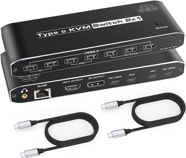 Main image of 2 Port Type-C [HDMI or Displayport Out] KVM Switch, USB C KVM Switch with 7 USB-A Ports, 2 USB-C Charging 100W, RJ45, 3.5mm Jack, Thunderbolt KVM Supports 4K@60Hz with HDMI and DP Output for Laptop