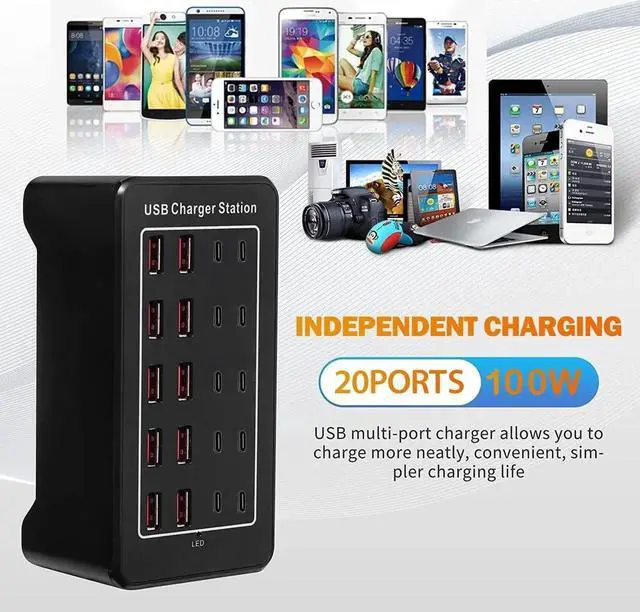 Alt view image 4 of 7 - WISDUM [10 USB A + 10 USB C] USB C Charger Block 100W USB C Charging Station, 20 Port (20A) Multiple Charging Hub Desktop 20-Ports USB Charger Compatible for Cell Phone, Tablets, Office Home Use
