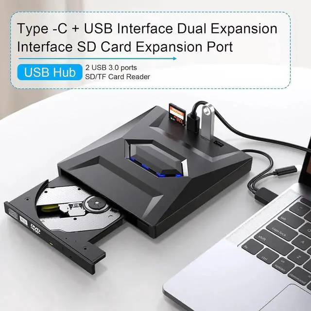 Alt view image 2 of 7 - External CD/DVD Drive for Laptop - [5 in 1] External CD DVD Drive with SD/TF Card Slot USB 3.0 Type A/Type C DVD Player Portable External DVD Burner for Laptop Mac Os Vista Windows 11/10/8.1/8/7 Linux