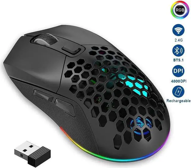 Main image of Lightweight Gaming Mouse, Rechargeable Wireless Gaming Mouse, (Bluetooth 5.1 + 2.4Ghz RF) Dual Mode Wireless Mouse with USB Receiver RGB Backlight Computer Mouse for Laptop PC (Black)
