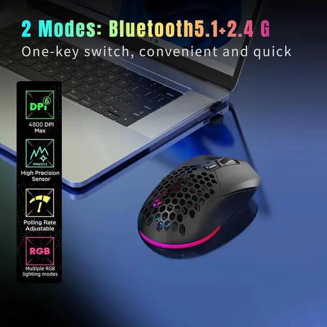 Alt view image 2 of 7 - Lightweight Gaming Mouse, Rechargeable Wireless Gaming Mouse, (Bluetooth 5.1 + 2.4Ghz RF) Dual Mode Wireless Mouse with USB Receiver RGB Backlight Computer Mouse for Laptop PC (Black)