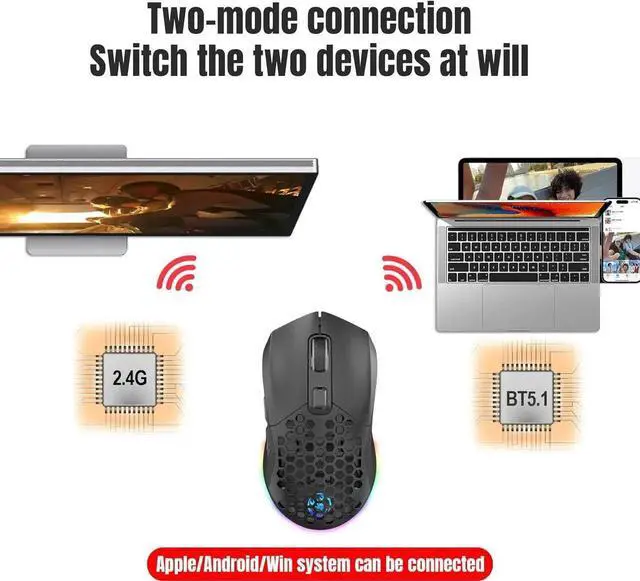 Alt view image 3 of 7 - Lightweight Gaming Mouse, Rechargeable Wireless Gaming Mouse, (Bluetooth 5.1 + 2.4Ghz RF) Dual Mode Wireless Mouse with USB Receiver RGB Backlight Computer Mouse for Laptop PC (Black)