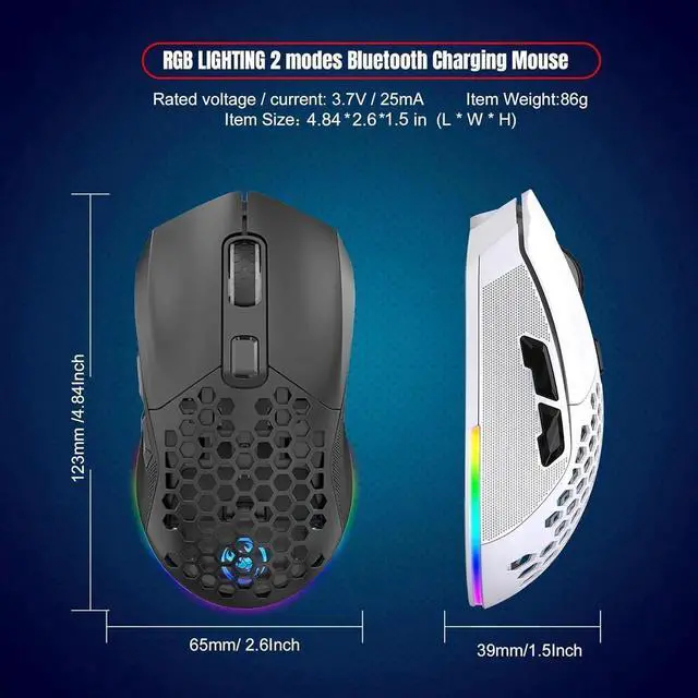 Alt view image 6 of 7 - Lightweight Gaming Mouse, Rechargeable Wireless Gaming Mouse, (Bluetooth 5.1 + 2.4Ghz RF) Dual Mode Wireless Mouse with USB Receiver RGB Backlight Computer Mouse for Laptop PC (Black)