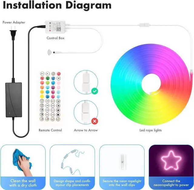 Alt view image 7 of 7 - Neon Rope Lights, 16.4FT / 5M RGB LED Strip Lights App Control, IR Remote, Music Syncing, Indoor LED Noen Light, Flexible DIY Design for Bedroom, Living,Gaming, Party Decoration