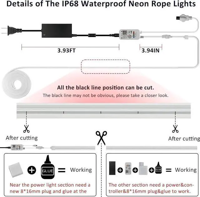 Alt view image 6 of 7 - Neon Rope Lights, 16.4FT / 5M RGB LED Strip Lights App Control, IR Remote, Music Syncing, Indoor LED Noen Light, Flexible DIY Design for Bedroom, Living,Gaming, Party Decoration