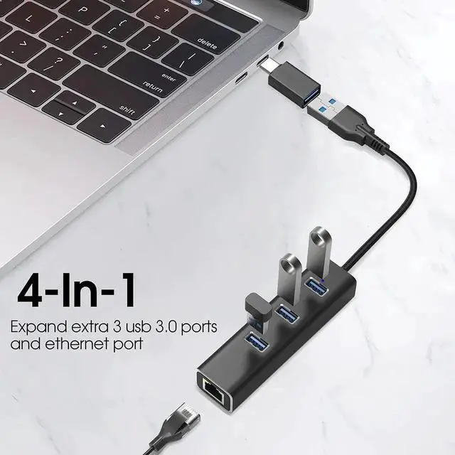 Alt view image 2 of 7 - 3 Ports USB 3.0 Hub with 1000M RJ45 Ethernet Adapter, [4 in 1] USB Hub Splitter for Laptop, Multiple USB Port Extender Hub, Aluminum USB to 1000Mbps Ethernet Adapter USB Expander Hub for Laptops