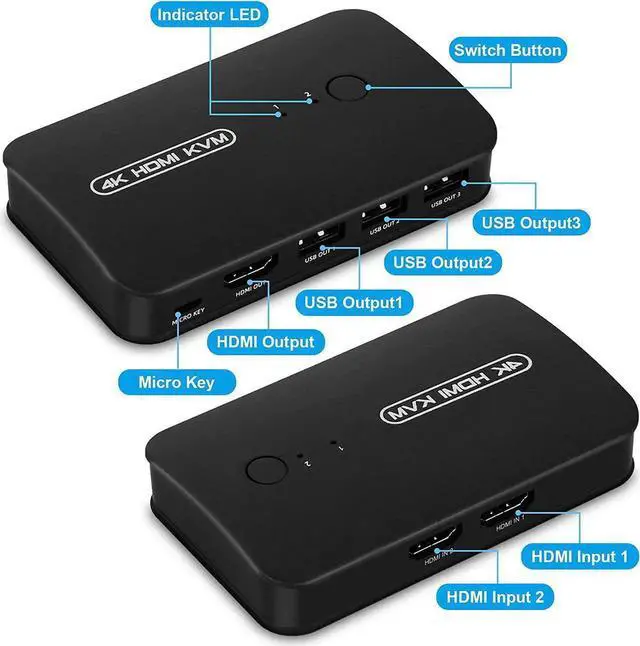 Alt view image 3 of 7 - 2 Port HDMI USB KVM Switch Selector for 2 Computers Share Keyboard Mouse Printer and One HD 4K Monitor, with Wired Controller and 2 KVM Cables