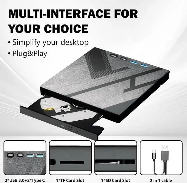 Alt view image 3 of 7 - WISDUM [7 in 1] External DVD Drive, External CD/DVD Drive for Laptop with USB A & USB C Ports and SD/TF Port, CD DVD Burner DVD Player USB 3.0/Type C, CD ROM External Drive for PC Laptop Windows Linux