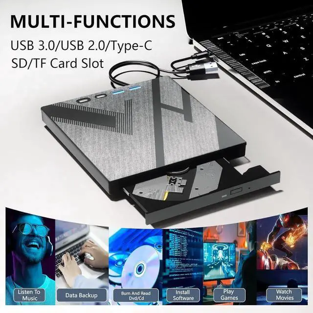Alt view image 4 of 7 - WISDUM [7 in 1] External DVD Drive, External CD/DVD Drive for Laptop with USB A & USB C Ports and SD/TF Port, CD DVD Burner DVD Player USB 3.0/Type C, CD ROM External Drive for PC Laptop Windows Linux