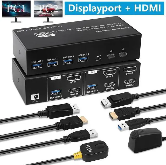 Main image of 4K 120Hz HDMI + Displayport KVM Switch 2 PC 2 Monitor, 8K@60Hz DP 1.4 + HDMI 2.1 Dual Monitor USB 3.0 KVM Switch, Support Extended & Copy Mode, with Desktop Controller and 2 HDMI+DP+USB Cables
