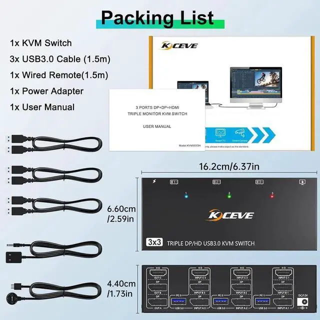 Alt view image 7 of 7 - WISDUM KVM Switch 3 Monitors 3 Computers 8K@60Hz, HDMI + 2* Displayport Triple Monitor KVM Switch with 4 USB 3.0 Ports for Keyboard Mouse Printer, Wired Remote, USB Cable and Power Adapter Included