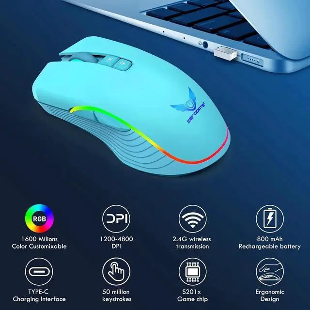 Alt view image 7 of 7 - WISDUM  Rechargeable Wireless Gaming Mouse, RGB LED Backlit Mouse with 4 Adjustable DPI, 7 Button, 2.4G USB Optical Gaming Ergonomic Computer Mice for Laptop PC Gamer Computer Desktop (Green)