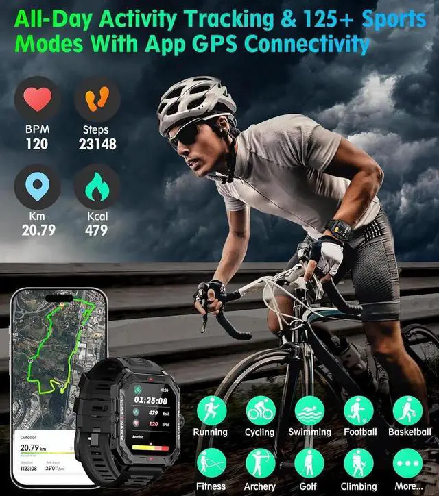 Alt view image 6 of 6 - Military Smart Watch for Men(Answer/Make Call) 2.02" Smartwatch with Heart Rate Blood Oxygen Sleep Monitor 128 Sports Modes Fitness Tracker Step Calorie Counter IP68 Waterproof for IOS Android Phones
